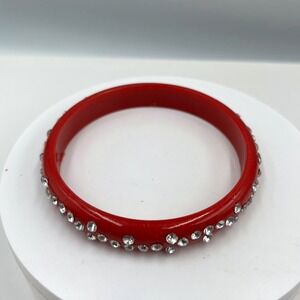Vintage Red Lucite Style Rhinestone Bangle Bracelet Curved Accent Statement